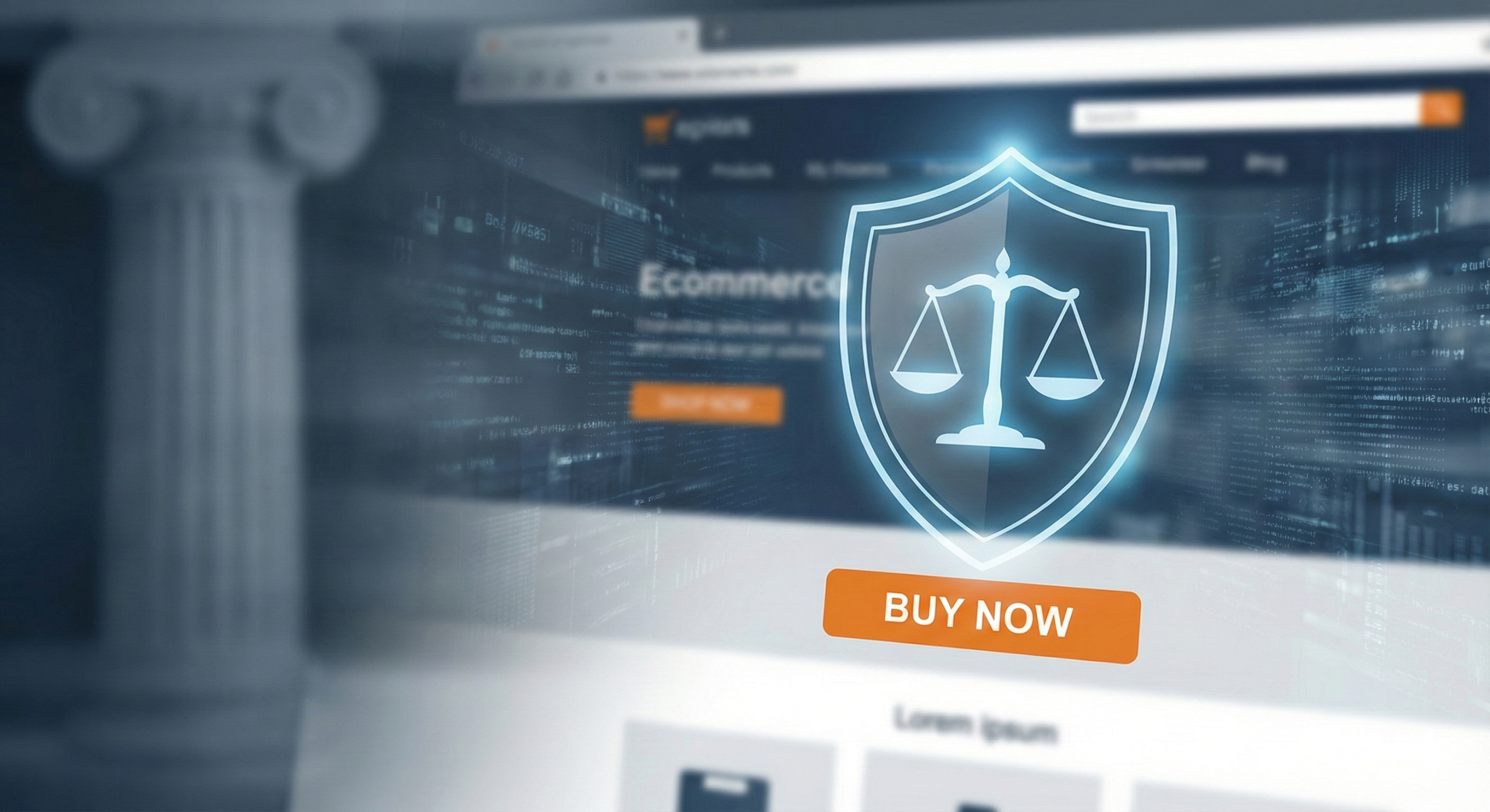 E-ticaret sitelerinde buybox ihlali ve marka korumasını temsil eden dijital hukuk kalkanı ve adalet terazisi görseli.