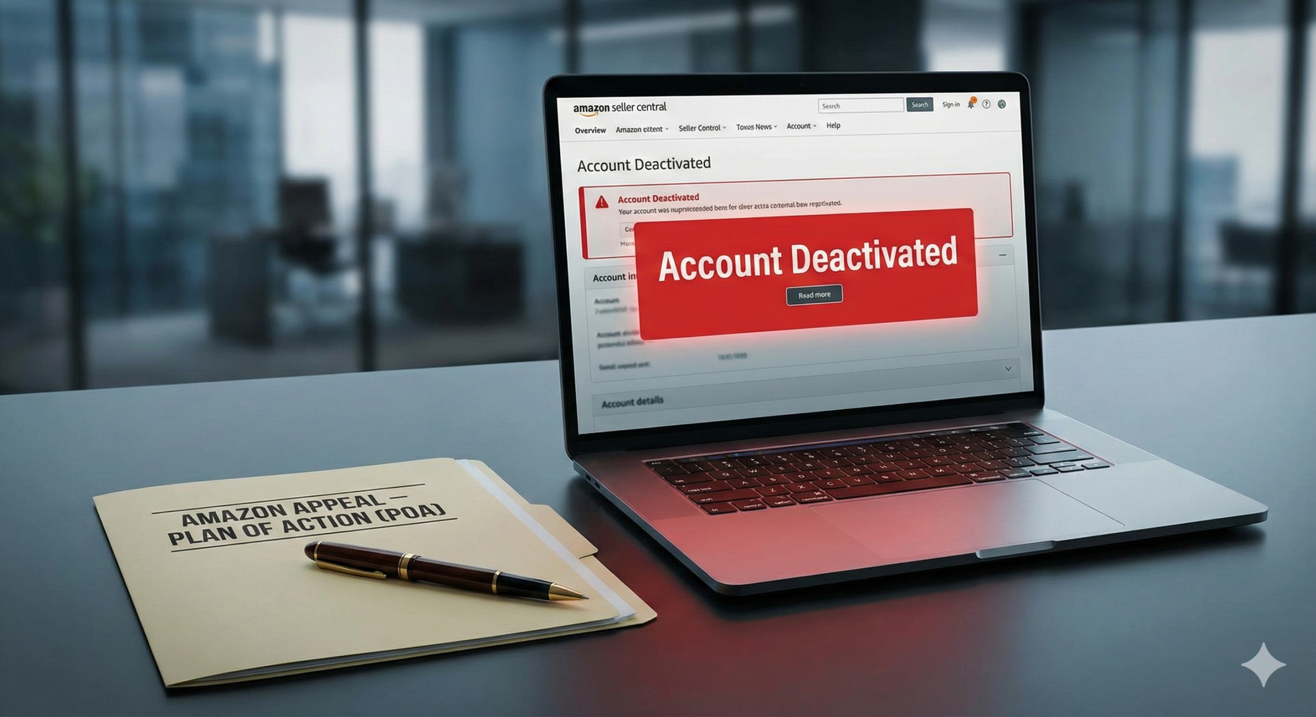 Amazon satıcı hesabı suspend olmuş bilgisayar ekranı ve yanında hukuki eylem planı (Plan of Action) dosyası, e-ticaret hukuku.