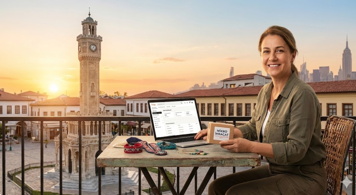 İzmir Kemeraltı çarşısından Etsy ile dünyaya mikro ihracat yapan esnaf ve İzmir Saat Kulesi silüeti.